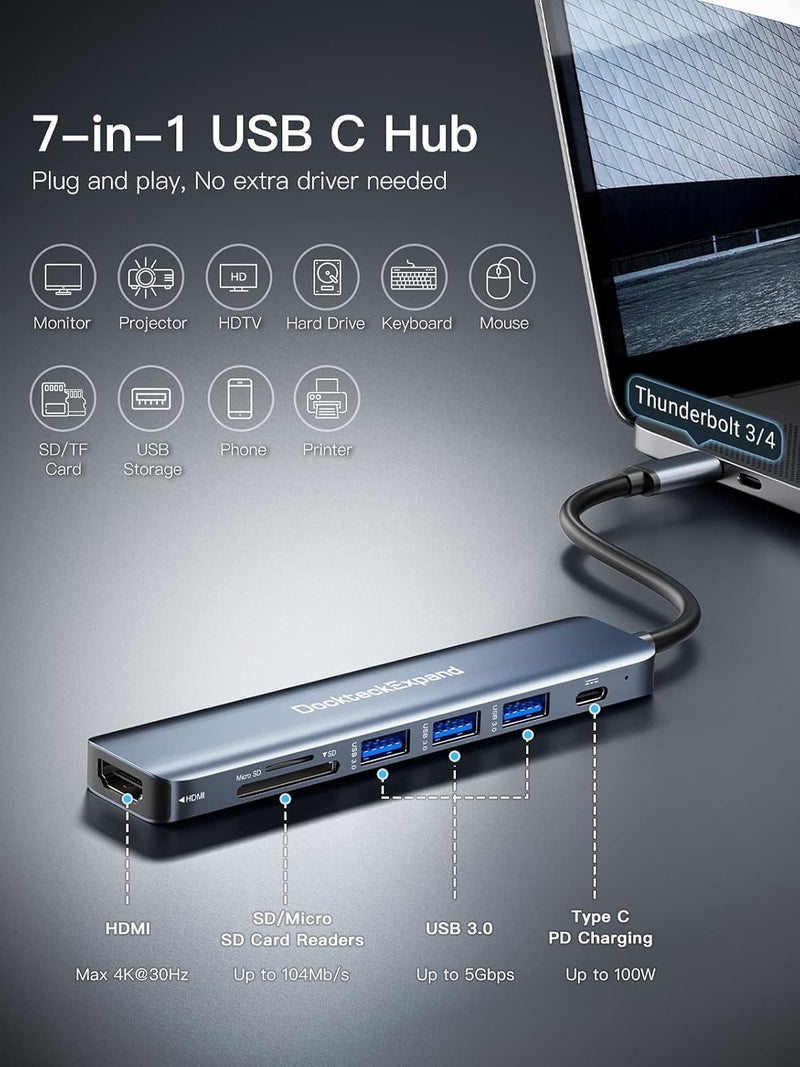 DockteckExpand USB C Hub, 7 in 1 USB-C Multiport Adapter with 4K HDMI, 100W Power Delivery, 3 USB 3.0 Ports, SD/TF Card Reader, for MacBook Pro/Air, iMac, iPad Pro, Surface Pro 7/8, XPS, HP and More - Image 2